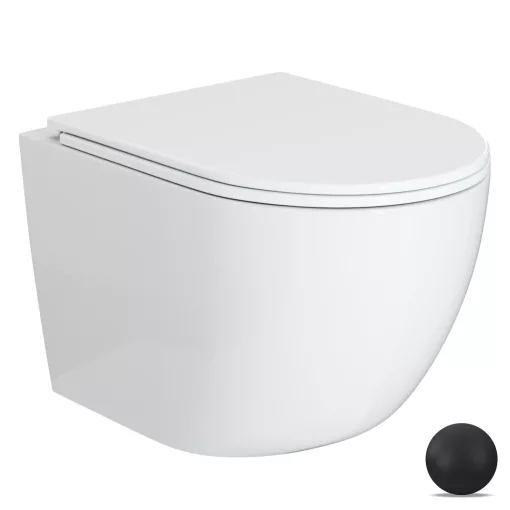 HD Lea Glossy White perem nélküli mély öblítésű íves fali WC slim "A" tetővel és matt fekete zsanérral