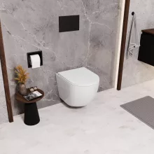 HD Lea Glossy White perem nélküli mély öblítésű íves fali WC slim "A" tetővel és matt fekete zsanérral