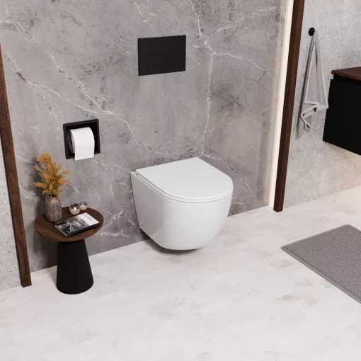 HD Lea Glossy White perem nélküli mély öblítésű íves fali WC slim "A" tetővel és matt fekete zsanérral