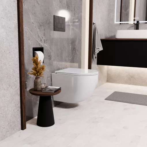 HD Lea Glossy White perem nélküli mély öblítésű íves fali WC slim "A" tetővel és matt fekete zsanérral