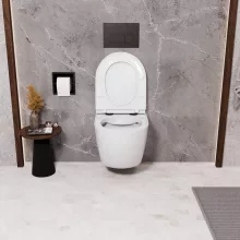 HD Lea Glossy White perem nélküli mély öblítésű íves fali WC slim "A" tetővel és matt fekete zsanérral