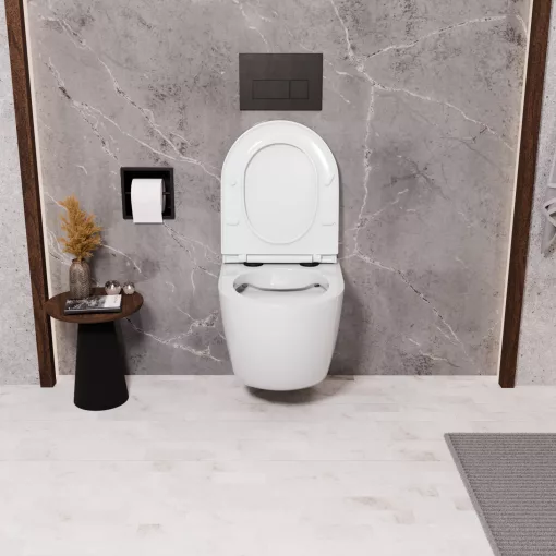 HD Lea Glossy White perem nélküli mély öblítésű íves fali WC slim "A" tetővel és matt fekete zsanérral