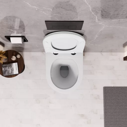 HD Lea Glossy White perem nélküli mély öblítésű íves fali WC slim "A" tetővel és matt fekete zsanérral