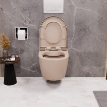 HD Lea Matt Cappucino perem nélküli mély öblítésű íves fali WC compact "A" tetővel és fényes króm zsanérral