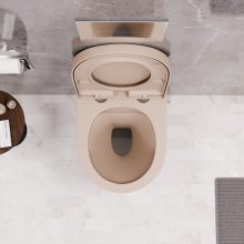 HD Lea Matt Cappucino perem nélküli mély öblítésű íves fali WC compact "A" tetővel és fényes króm zsanérral