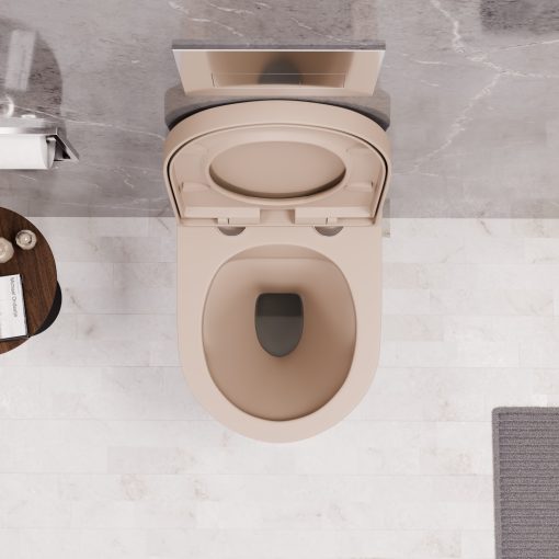 HD Lea Matt Cappucino perem nélküli mély öblítésű íves fali WC compact "A" tetővel és fényes króm zsanérral