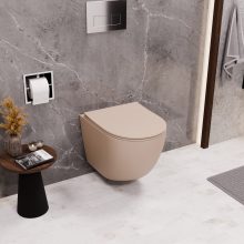 HD Lea Matt Cappucino perem nélküli mély öblítésű íves fali WC slim "P" tetővel és fényes króm zsanérral