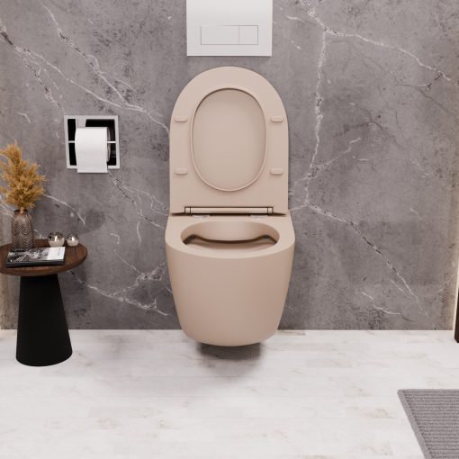 HD Lea Matt Cappucino perem nélküli mély öblítésű íves fali WC slim "P" tetővel és fényes króm zsanérral