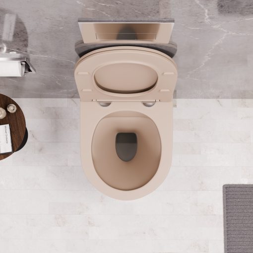 HD Lea Matt Cappucino perem nélküli mély öblítésű íves fali WC slim "P" tetővel és fényes króm zsanérral