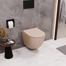 HD Lea Matt Cappucino perem nélküli mély öblítésű íves fali WC slim "P" tetővel és matt fekete zsanérral