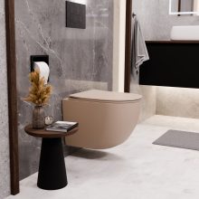 HD Lea Matt Cappucino perem nélküli mély öblítésű íves fali WC slim "P" tetővel és matt fekete zsanérral