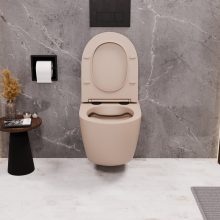 HD Lea Matt Cappucino perem nélküli mély öblítésű íves fali WC slim "P" tetővel és matt fekete zsanérral