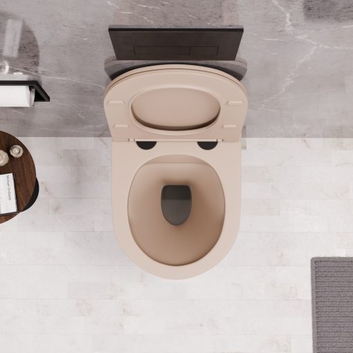 HD Lea Matt Cappucino perem nélküli mély öblítésű íves fali WC slim "P" tetővel és matt fekete zsanérral