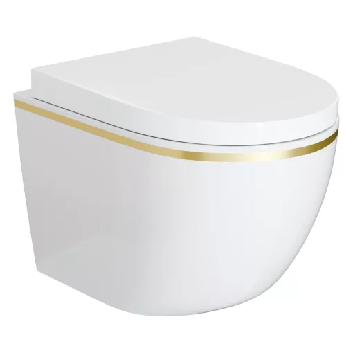 HD Lea Gold-Stripe perem nélküli mély öblítésű íves fali WC compact "A" tetővel és fényes króm zsanérral