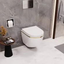 HD Lea Gold-Stripe perem nélküli mély öblítésű íves fali WC compact "A" tetővel és fényes króm zsanérral