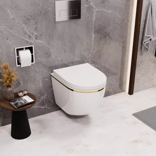 HD Lea Gold-Stripe perem nélküli mély öblítésű íves fali WC compact "A" tetővel és fényes króm zsanérral