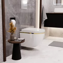 HD Lea Gold-Stripe perem nélküli mély öblítésű íves fali WC compact "A" tetővel és fényes króm zsanérral