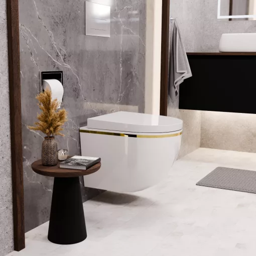 HD Lea Gold-Stripe perem nélküli mély öblítésű íves fali WC compact "A" tetővel és fényes króm zsanérral