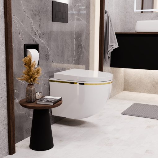 HD Lea Gold-Stripe perem nélküli mély öblítésű íves fali WC compact "A" tetővel és matt fekete zsanérral