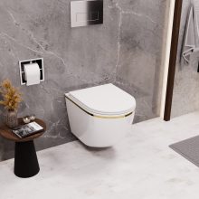 HD Lea Gold-Stripe perem nélküli mély öblítésű íves fali WC slim "A" tetővel és fényes króm zsanérral