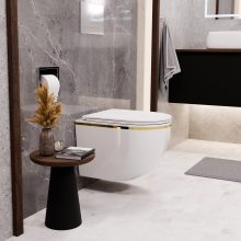 HD Lea Gold-Stripe perem nélküli mély öblítésű íves fali WC slim "A" tetővel és fényes króm zsanérral