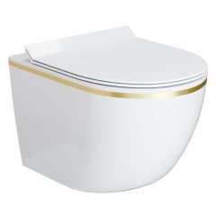   HD Lea Gold-Stripe perem nélküli mély öblítésű íves fali WC slim "F" tetővel és fényes króm zsanérral
