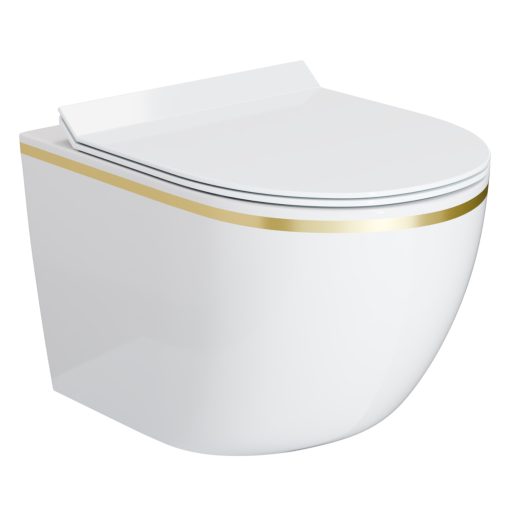 HD Lea Gold-Stripe perem nélküli mély öblítésű íves fali WC slim "F" tetővel és fényes króm zsanérral