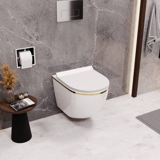 HD Lea Gold-Stripe perem nélküli mély öblítésű íves fali WC slim "F" tetővel és fényes króm zsanérral