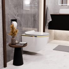 HD Lea Gold-Stripe perem nélküli mély öblítésű íves fali WC slim "F" tetővel és fényes króm zsanérral