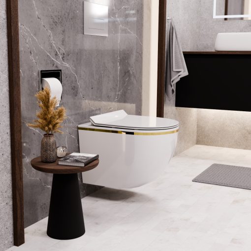 HD Lea Gold-Stripe perem nélküli mély öblítésű íves fali WC slim "F" tetővel és fényes króm zsanérral