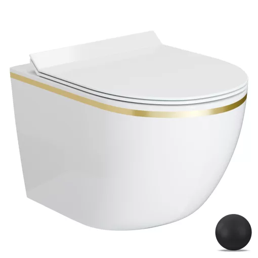 HD Lea Gold-Stripe perem nélküli mély öblítésű íves fali WC slim "F" tetővel és matt fekete zsanérral