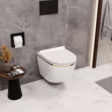 HD Lea Gold-Stripe perem nélküli mély öblítésű íves fali WC slim "F" tetővel és matt fekete zsanérral