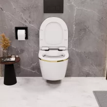HD Lea Gold-Stripe perem nélküli mély öblítésű íves fali WC slim "F" tetővel és matt fekete zsanérral