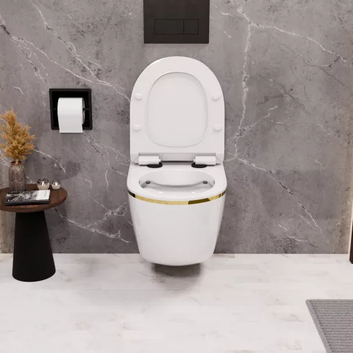 HD Lea Gold-Stripe perem nélküli mély öblítésű íves fali WC slim "F" tetővel és matt fekete zsanérral