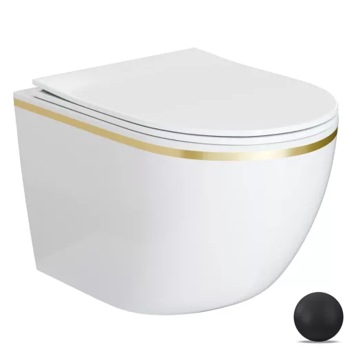 HD Lea Gold-Stripe perem nélküli mély öblítésű íves fali WC slim "P" tetővel és matt fekete zsanérral