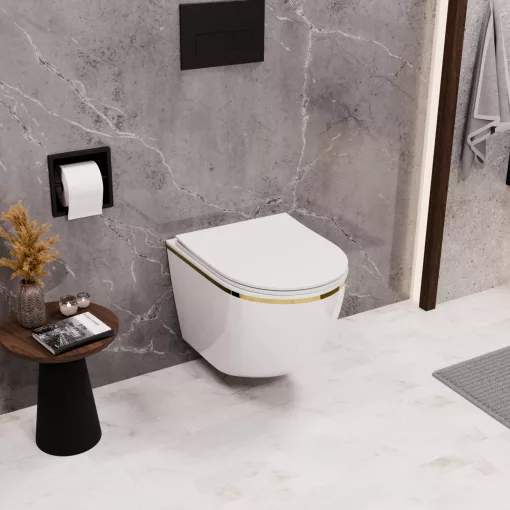 HD Lea Gold-Stripe perem nélküli mély öblítésű íves fali WC slim "P" tetővel és matt fekete zsanérral