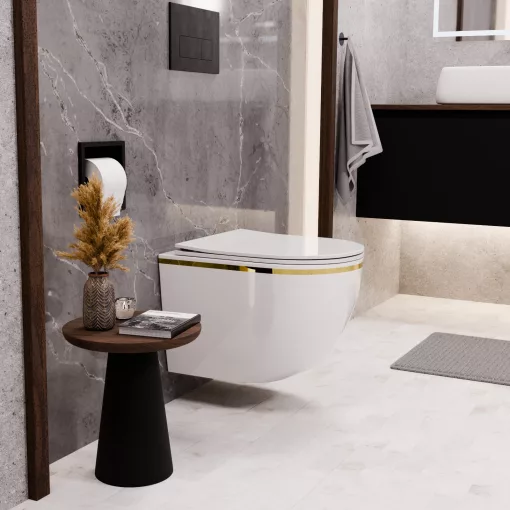 HD Lea Gold-Stripe perem nélküli mély öblítésű íves fali WC slim "P" tetővel és matt fekete zsanérral