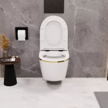 HD Lea Gold-Stripe perem nélküli mély öblítésű íves fali WC slim "P" tetővel és matt fekete zsanérral