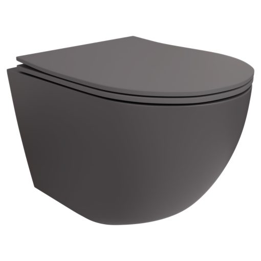HD Lea Matt Antracit perem nélküli mély öblítésű íves fali WC slim "P" tetővel és fényes króm zsanérral