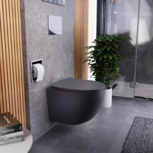 HD Lea Matt Antracit perem nélküli mély öblítésű íves fali WC slim "P" tetővel és fényes króm zsanérral