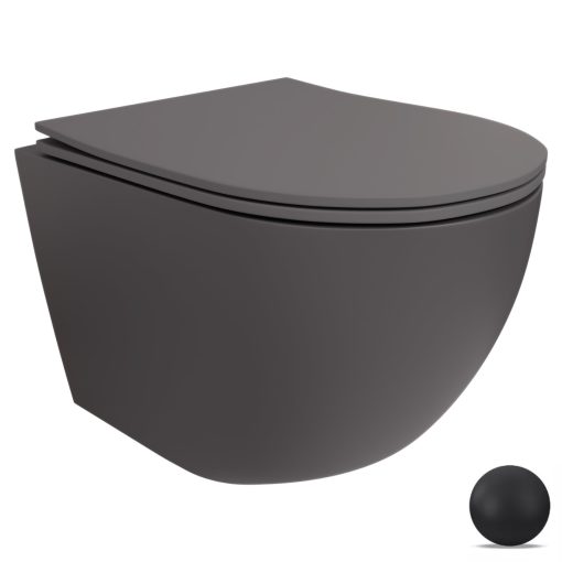 HD Lea Matt Antracit perem nélküli mély öblítésű íves fali WC slim "P" tetővel és matt fekete zsanérral