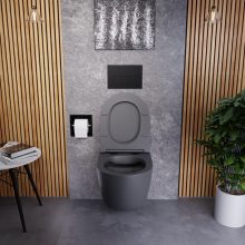 HD Lea Matt Antracit perem nélküli mély öblítésű íves fali WC slim "P" tetővel és matt fekete zsanérral