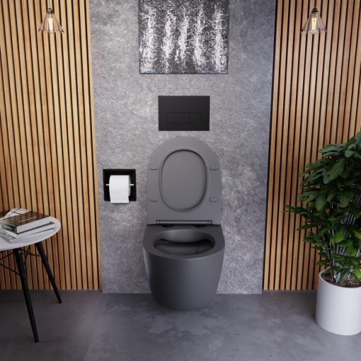 HD Lea Matt Antracit perem nélküli mély öblítésű íves fali WC slim "P" tetővel és matt fekete zsanérral
