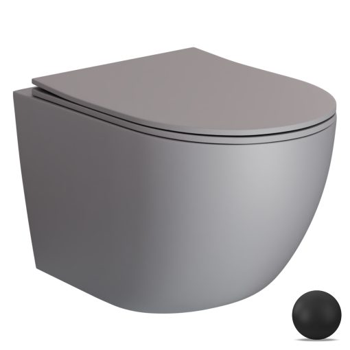 HD Lea Matt Grey perem nélküli mély öblítésű íves fali WC slim "P" tetővel és matt fekete zsanérral