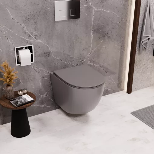 HD Lea Matt Grey perem nélküli mély öblítésű íves fali WC tető nélkül
