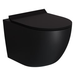   HD Lea Matt Black perem nélküli mély öblítésű íves fali WC slim "F" tetővel és matt fekete zsanérral