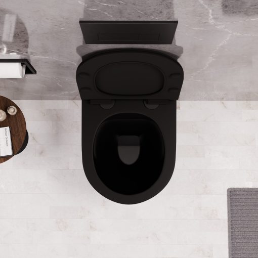 HD Lea Matt Black perem nélküli mély öblítésű íves fali WC slim "F" tetővel és matt fekete zsanérral