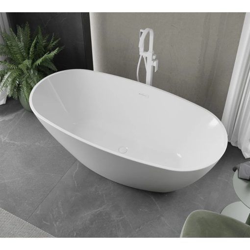 HD Aurora White 150/160/170 cm hosszú ovális térben álló akril kád fényes fehér túlfolyóval és click-clack leeresztővel