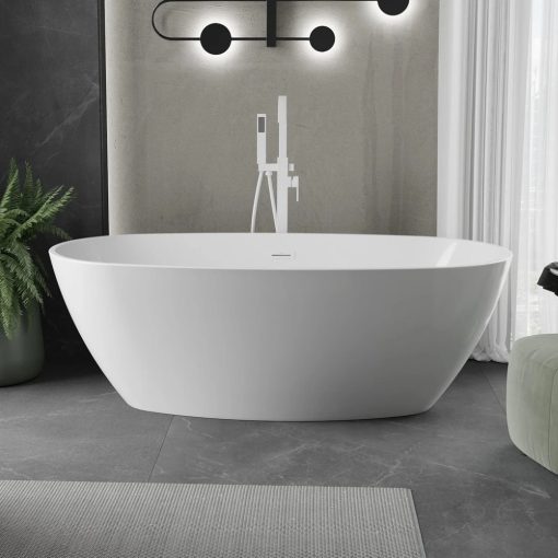 HD Aurora White 150/160/170 cm hosszú ovális térben álló akril kád fényes fehér túlfolyóval és click-clack leeresztővel