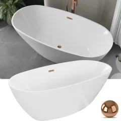   HD Aurora White 150/160/170 cm hosszú ovális térben álló akril kád rózsa arany túlfolyóval és click-clack leeresztővel